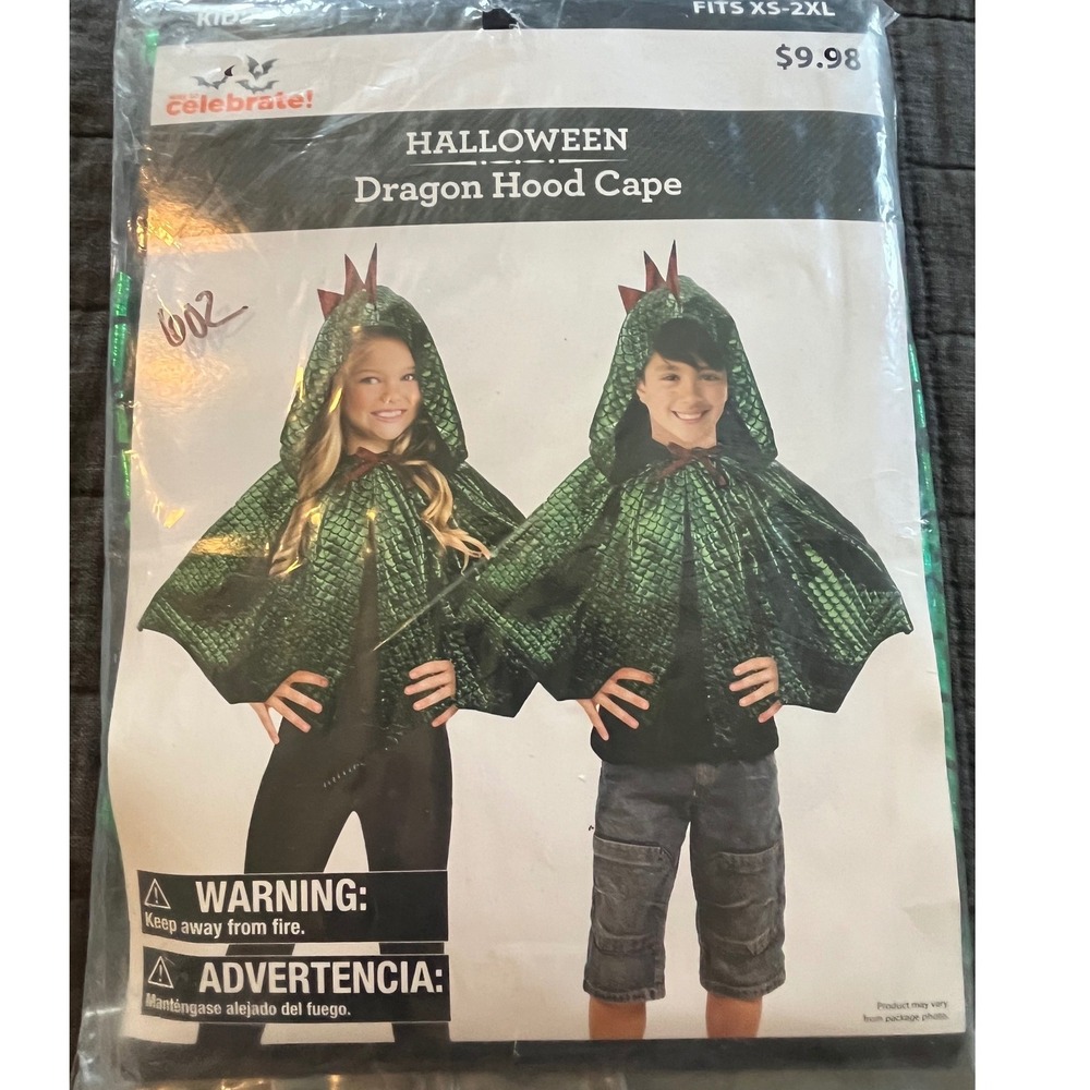 Way to Celebrate Kids Halloween Dragon Hood Cape Green Metallic Scales XS-2XL